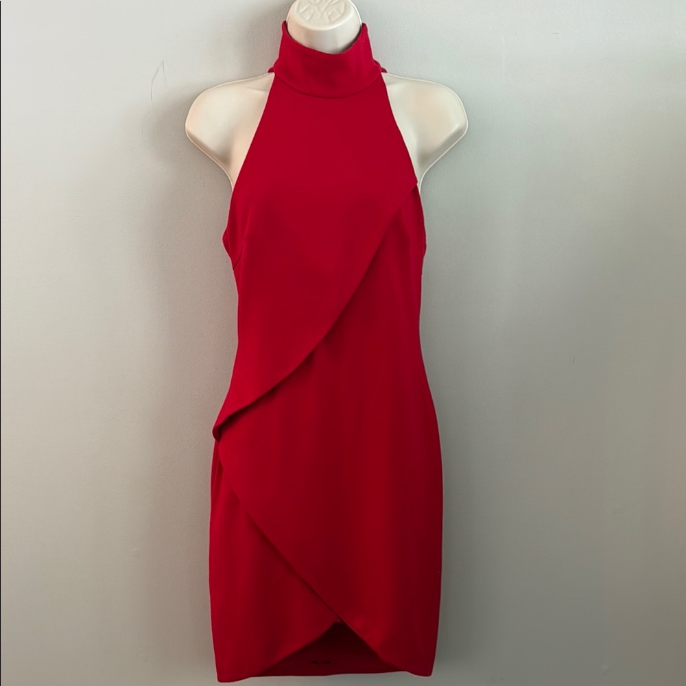 Bailey 44 Bold Red High Halter Neck Wrap-Overlay Evening Mini Dress Small